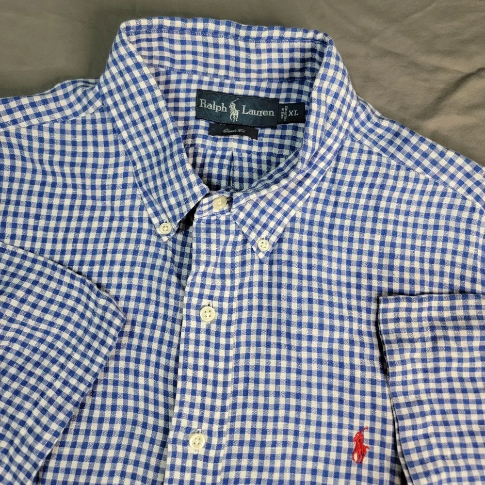 Ralph Lauren Linen Shirt Men's XL Blue Gingham Check Red Pony Short Sleeve
